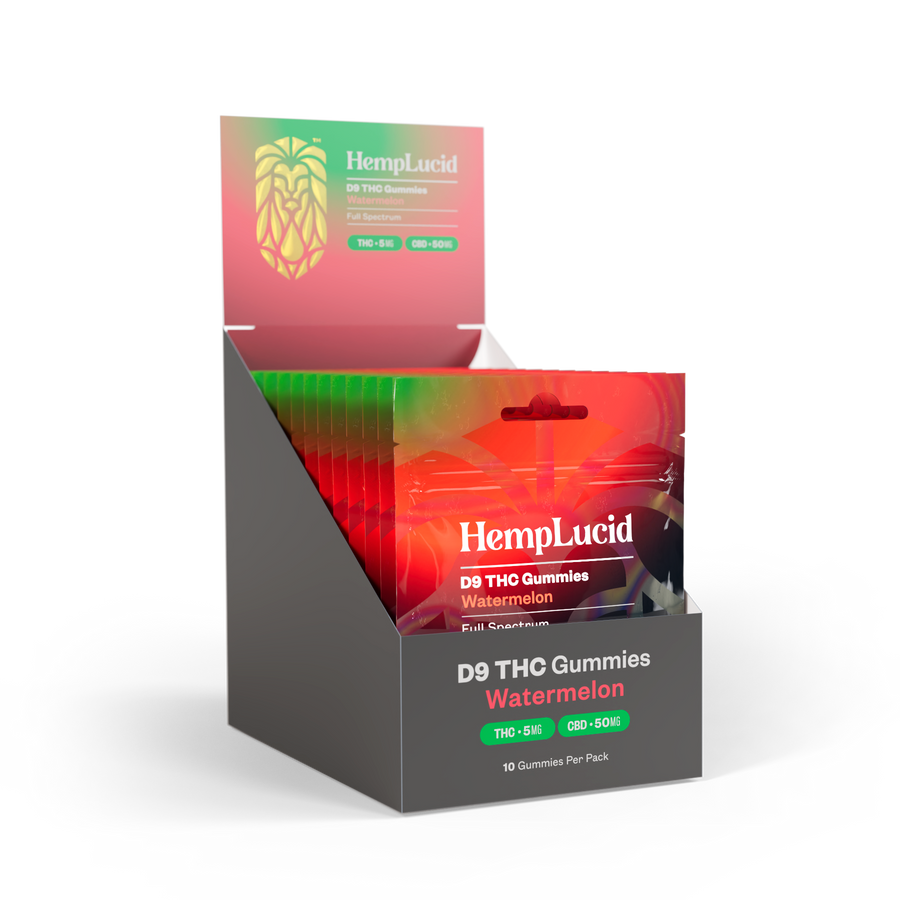 Display Box | Delta 9 THC 5mg + CBD 50mg Gummies 10 count - Watermelon (Box of 10)